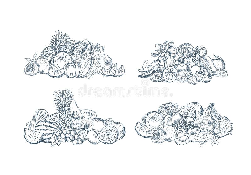 Vector hand sketched fruits and vegetables piles set isolated on white background vector illustration Vector hand sketched fruits and vegetables piles set isolated on white background vector illustration