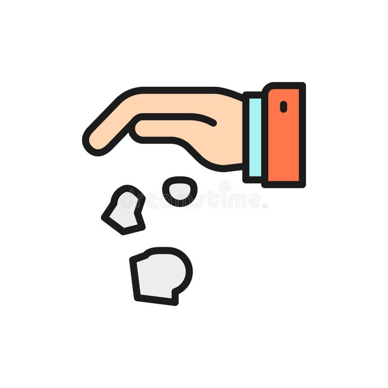Hand throwing away garbage, crumpled paper flat color line icon. stock illustration