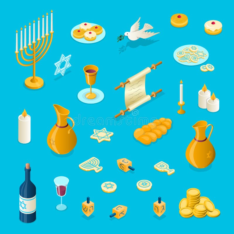 Vector Hanukkah isometric 3d elements set. Jewish holiday 3 dimensional objects. Menorah, dreidel, jug, candles