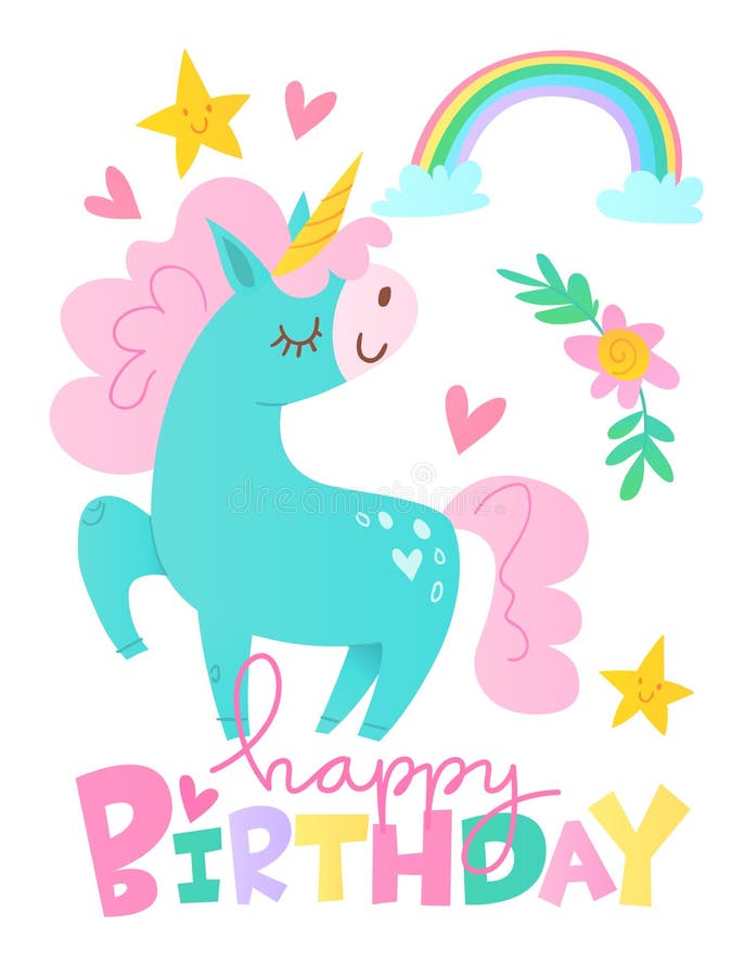 Vector Happy Birthday Cards with Cartoon Unicorn Character Stock Vector ...