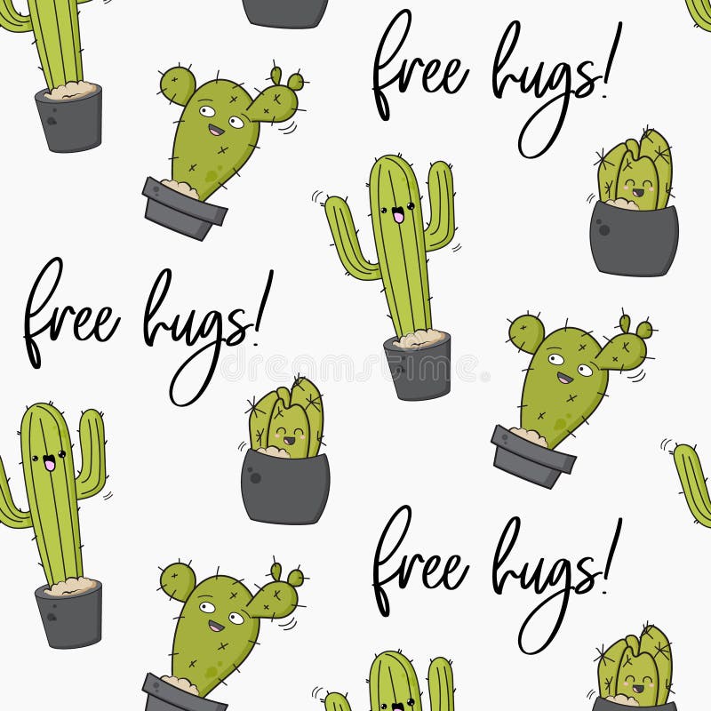 Vector happy cactus print. Cool kids design with succulents. Free hugs cacti decoration. Kawaii doodle cartoon royalty free illustration Vector happy cactus print. Cool kids design with succulents. Free hugs cacti decoration. Kawaii doodle cartoon royalty free illustration