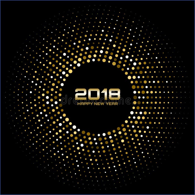 Vector Happy New Year 2018 Card Background. Gold Bright Disco Lights Halftone Circle Frame. stock illustration Vector Happy New Year 2018 Card Background. Gold Bright Disco Lights Halftone Circle Frame. stock illustration