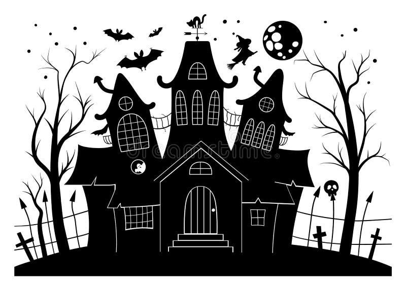 Vector haunted house black and white illustration. Halloween background with silhouette of spooky cottage with big moon, ghosts, bats, cemetery. Scary Samhain party invitation or card design