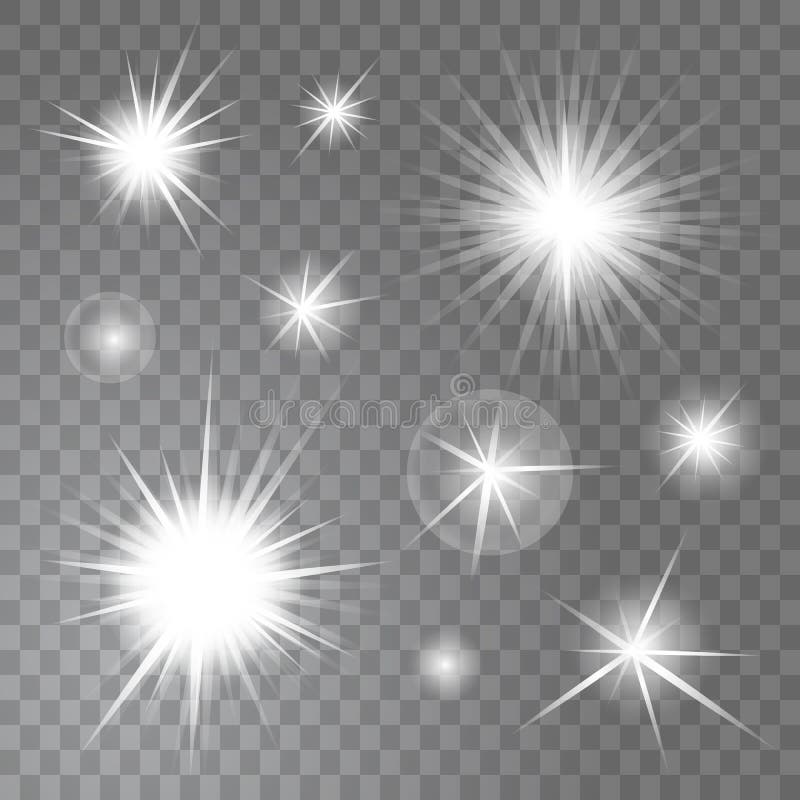 Set of bright glowing light suns burst on transparent background. Glitter stars effect decoration with ray sparkles for your design. Vector illustration. Set of bright glowing light suns burst on transparent background. Glitter stars effect decoration with ray sparkles for your design. Vector illustration