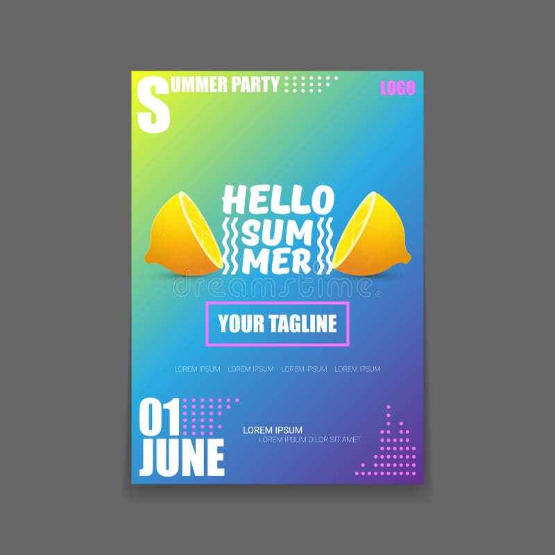 Download Vector Hello Summer Beach Party Vertical A4 Poster Design Template Or Mock Up With Fresh Lemon ...