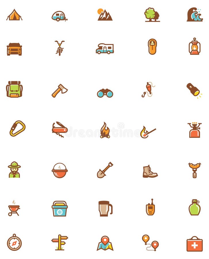 Set of the travel and camping related icons. Set of the travel and camping related icons