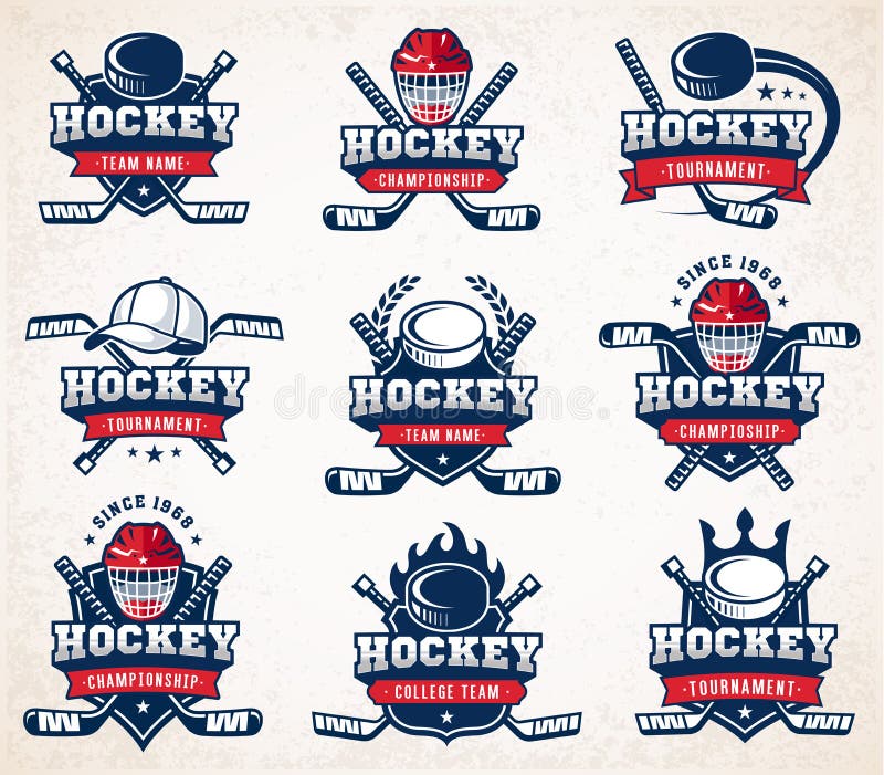 Kolekce devíti barevné Vektorové Hokej loga a insignií, organizované s vrstvami.