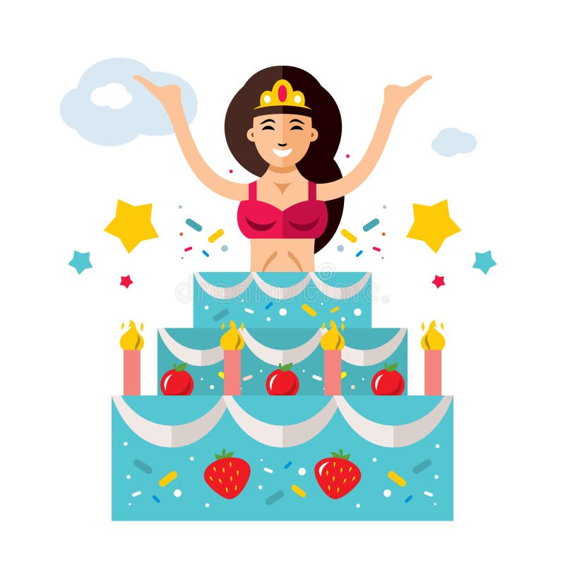 Beautiful woman jumping out of the cake. 