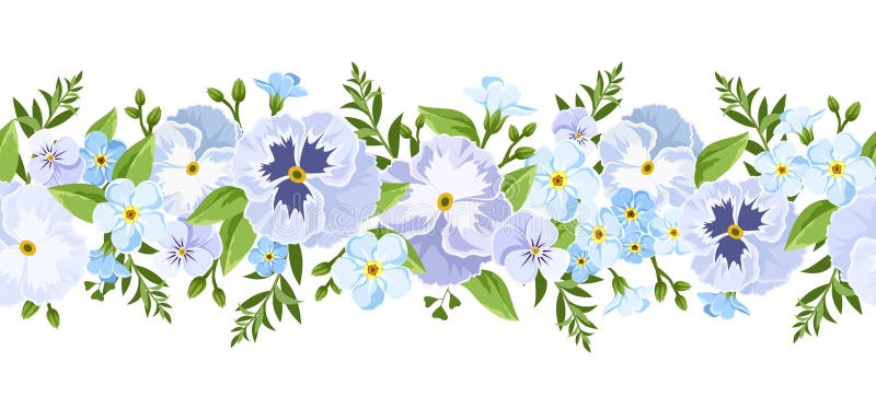 Vector horizontal seamless border with blue pansy and forget-me-not flowers.