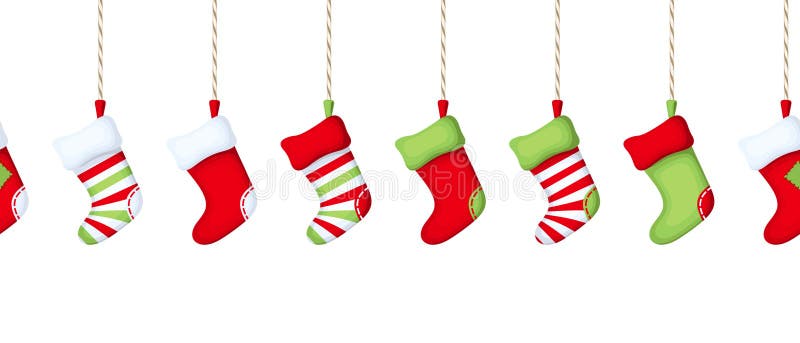 Horizontal seamless border with hanging Christmas socks. Vector illustration.