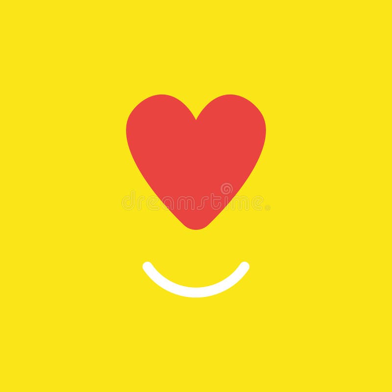 Flat vector icon concept of red heart with smiling mouth on yellow background.