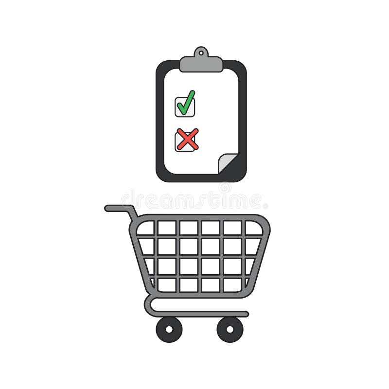 Vector Icon Concept of Shopping Cart with Clipboard and Check and X