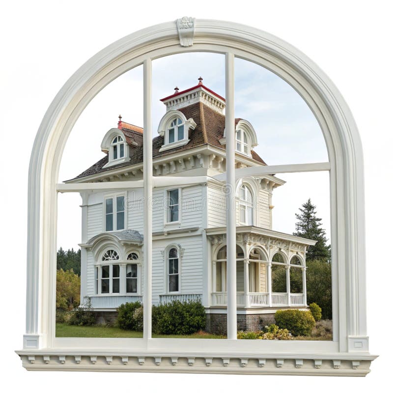 Old mansion with white plastic arch window royalty free illustration