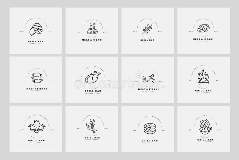 Vector icon and logo for meat and grill cafe or steak restaurant. Editable outline stroke size. Line flat contour, thin stock illustration Vector icon and logo for meat and grill cafe or steak restaurant. Editable outline stroke size. Line flat contour, thin stock illustration