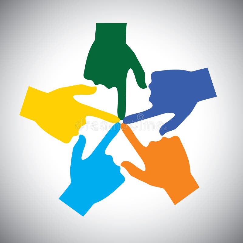 Vector icon of many hands touching each other - concept of unity vector illustration