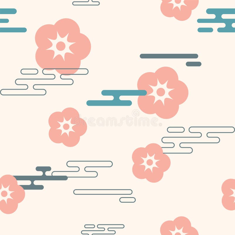 Vector icon in oriental flat style. Japanese, chinese flowers and clouds elements.