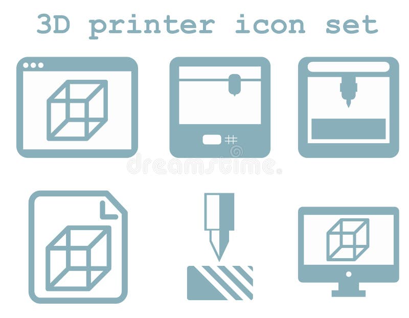 Vector icon set of 3d printing technology, flat blue isolated icons: display, window, blueprint, device on white background stock illustration