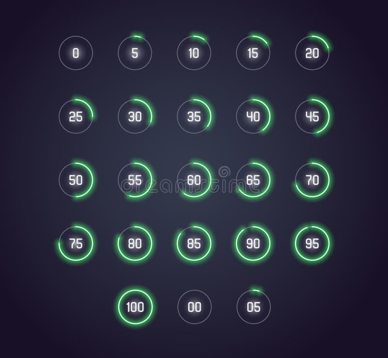 Icons in neon style of loading, buffering, progress wheel in slices royalty free illustration
