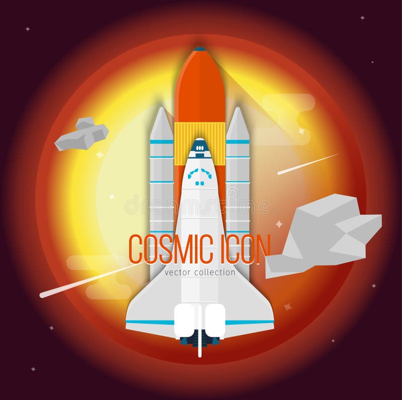 Vector icon of space shuttle icon in flat style. Cosmic ship illustration on the background of red planet royalty free illustration