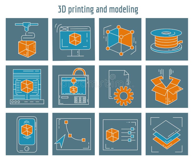 Vector icons set 3d printing and modeling royalty free illustration Vector icons set 3d printing and modeling royalty free illustration
