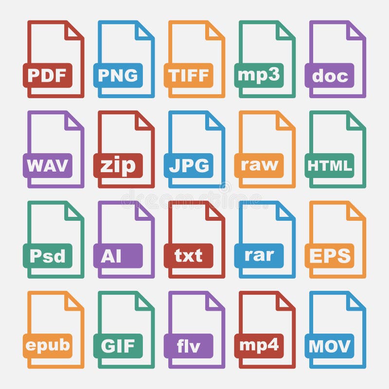 Vector icons set of digital file formats stock illustration