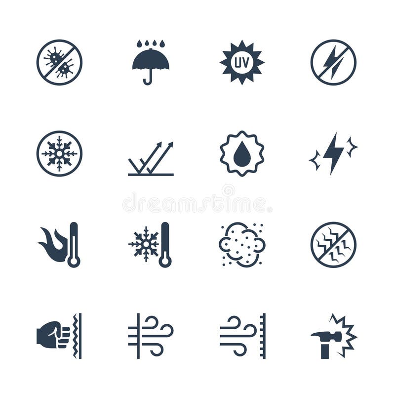 Icons set of external influence and protection from it. Antibacterial, water, heat, cold, dust, impact etc