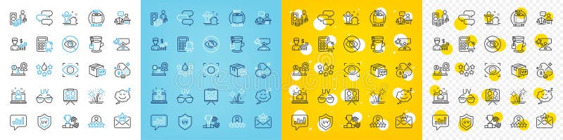 Vector icons set of Vip parcel, Tea and Eye detect line icons. For web app. Vector royalty free illustration