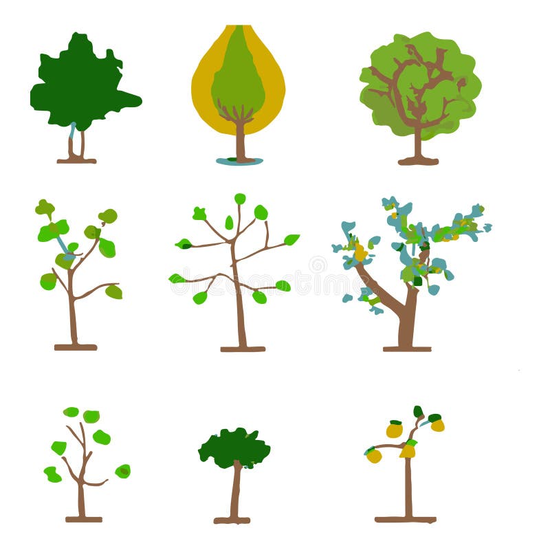Vector Icons Of Various Types Of Trees In Spring For Gardening royalty free illustration