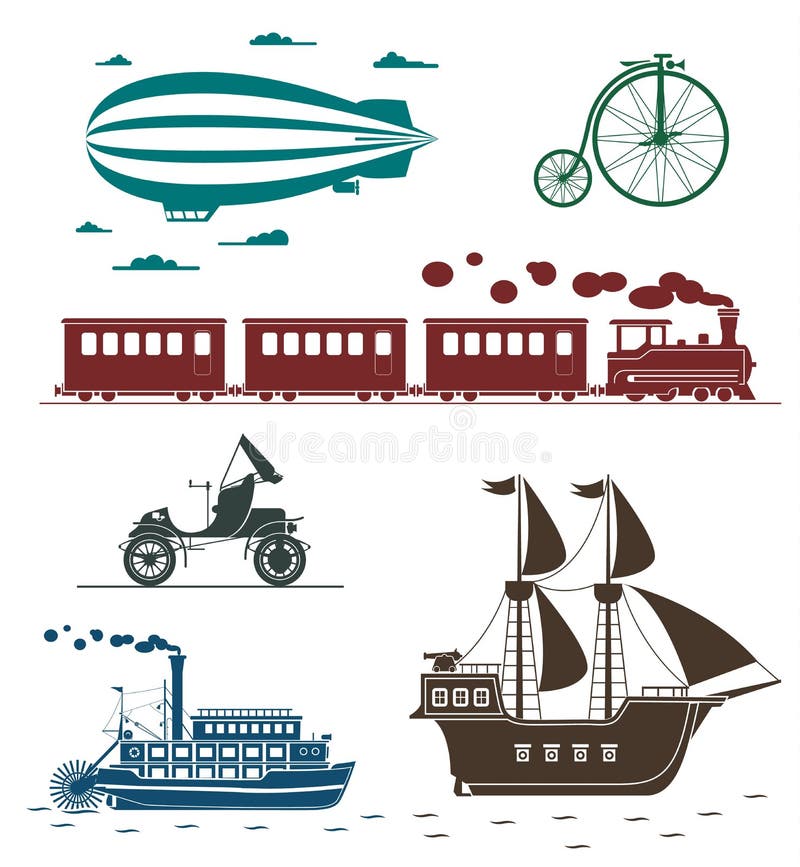 Vector icons of vintage means of transportation.