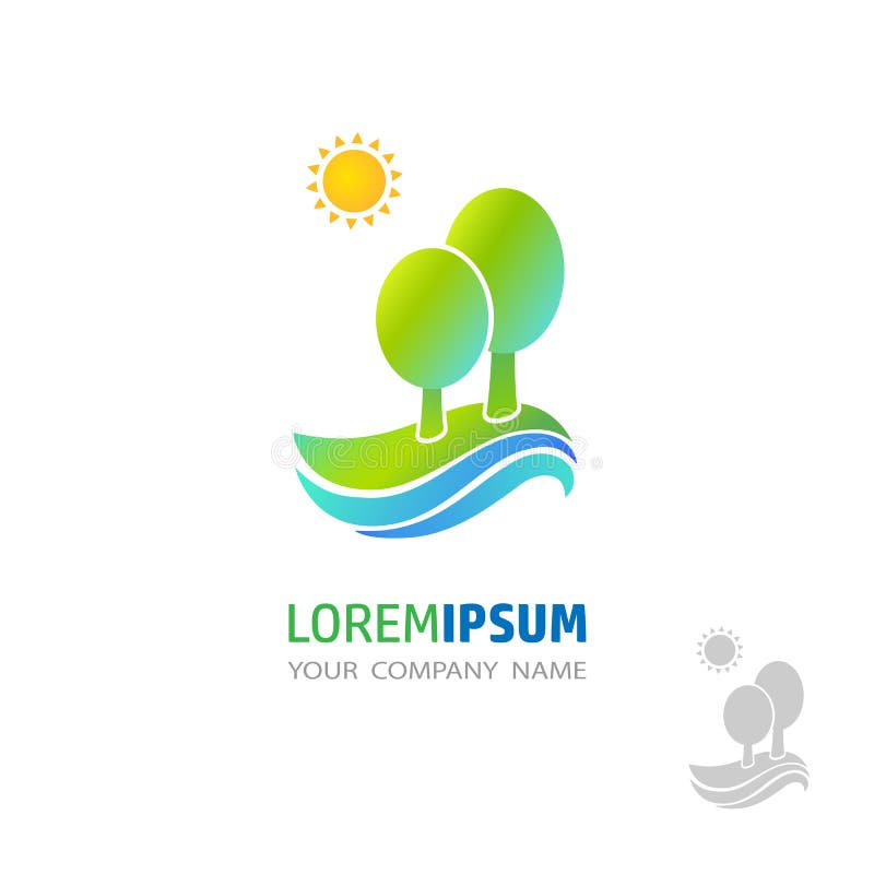 Vector Ikone mit grünem Land, Fluss, Sonne und zwei Bäumen lizenzfreie abbildung Vector Ikone mit grünem Land, Fluss, Sonne und zwei Bäumen lizenzfreie abbildung