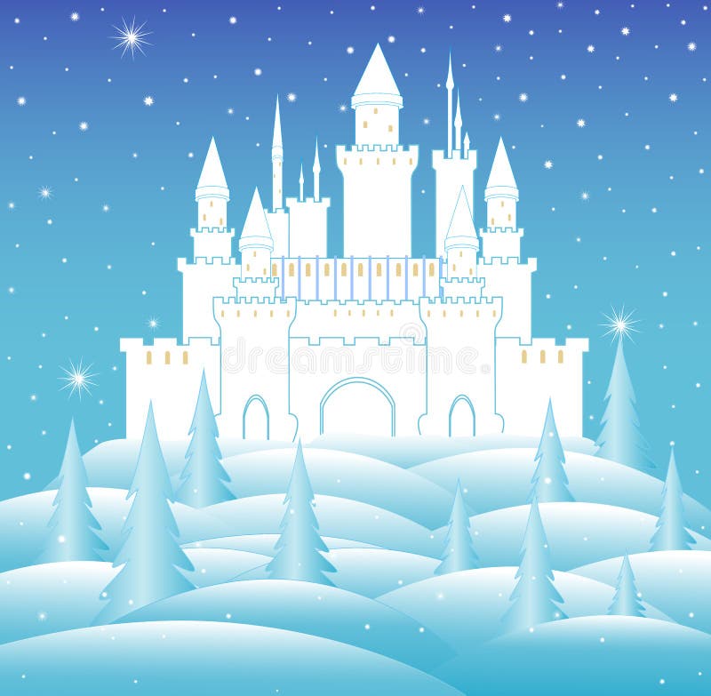 Vector il castello della regina della neve nella foresta congelata dell'inverno
