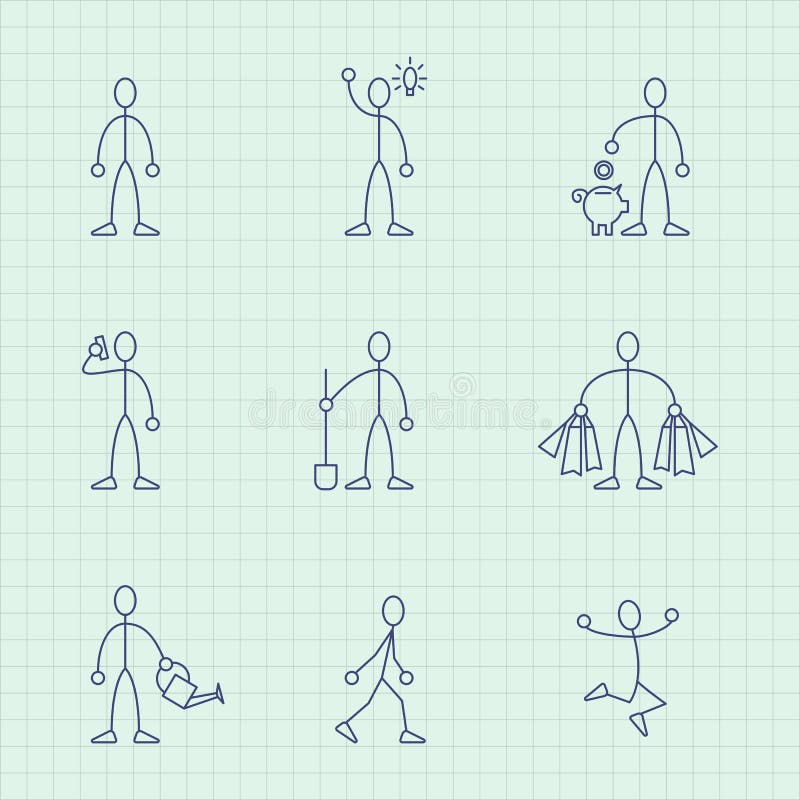 Vector il disegno dalle linee di piccoli uomini semplici nelle situazioni differenti illustrazione vettoriale Vector il disegno dalle linee di piccoli uomini semplici nelle situazioni differenti illustrazione vettoriale