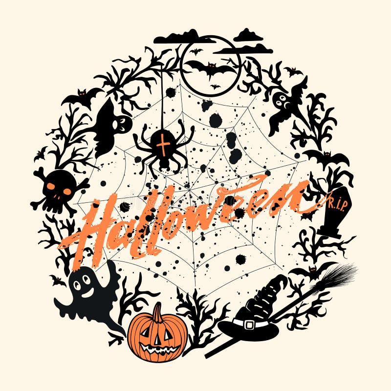 Vector il fondo felice di Halloween con la zucca arancio e Halloween d'iscrizione disegnato a mano, macchie di sangue nere, volan royalty illustrazione gratis Vector il fondo felice di Halloween con la zucca arancio e Halloween d'iscrizione disegnato a mano, macchie di sangue nere, volan royalty illustrazione gratis