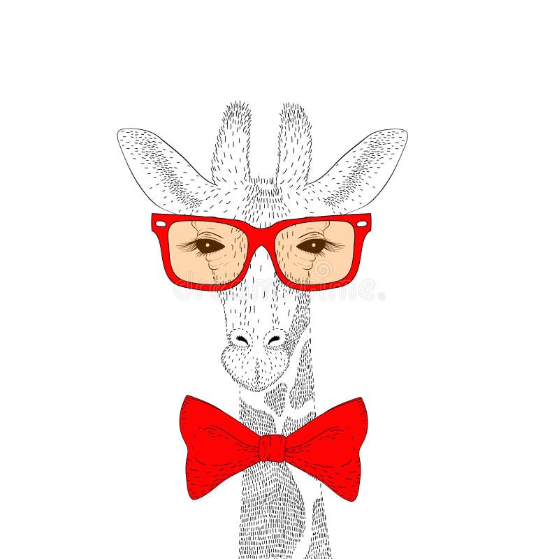 Vector il fronte sveglio con gli occhiali da sole, farfallino della giraffa Mano di modo illustrazione di stock