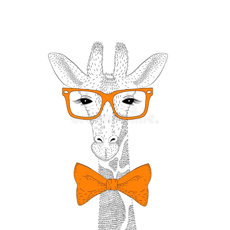 Vector il fronte sveglio con i vetri, farfallino della giraffa Illustrazione animale disegnata a mano per la stampa della magliet royalty illustrazione gratis