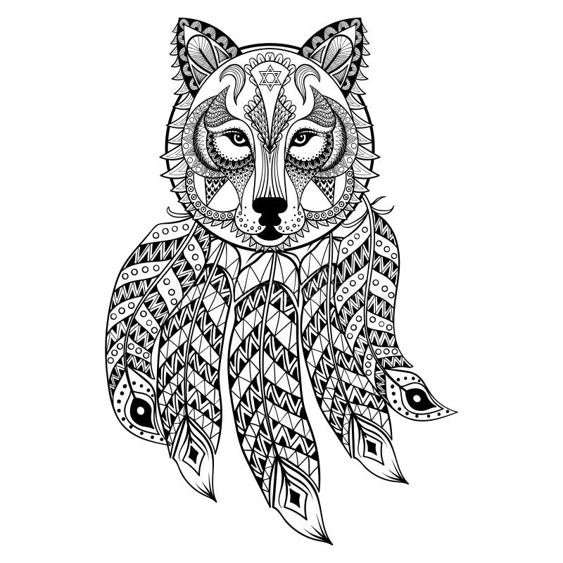 Vector il lupo ornamentale con dreamcatcher, etnico zentangled