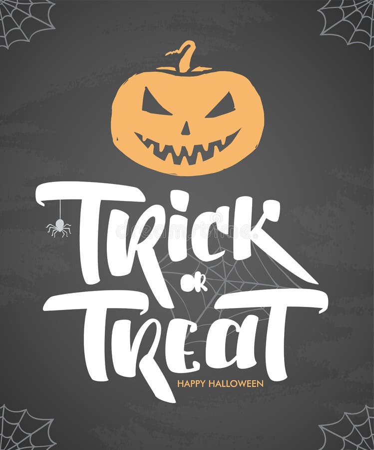 Vector il manifesto di Halloween con tipo disegnato a mano di scherzetto o dolcetto, di zucca e di ragno sul fondo della lavagna illustrazione vettoriale Vector il manifesto di Halloween con tipo disegnato a mano di scherzetto o dolcetto, di zucca e di ragno sul fondo della lavagna illustrazione vettoriale