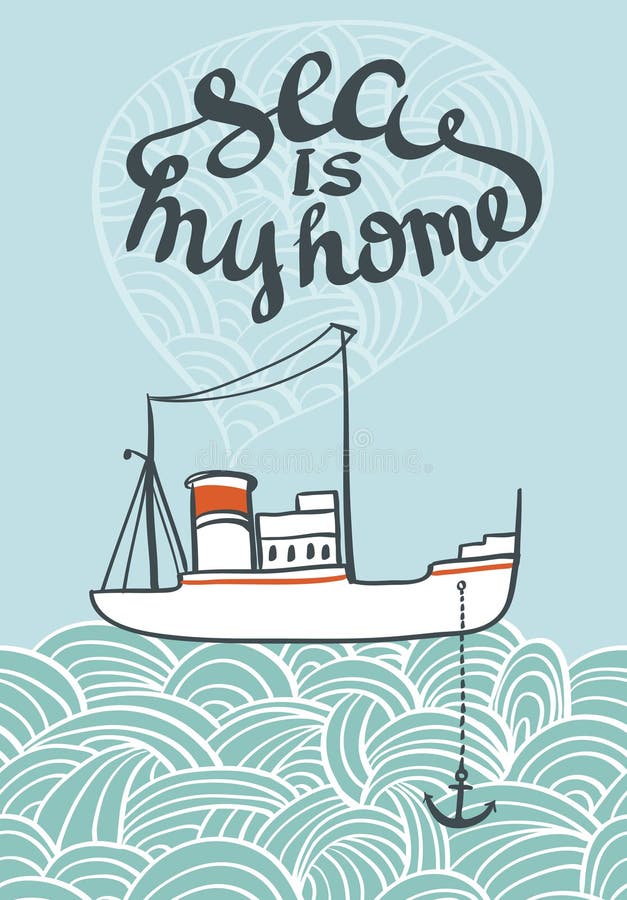 Vector il manifesto disegnato a mano del mare di tipografia con la nave e le onde illustrazione vettoriale Vector il manifesto disegnato a mano del mare di tipografia con la nave e le onde illustrazione vettoriale