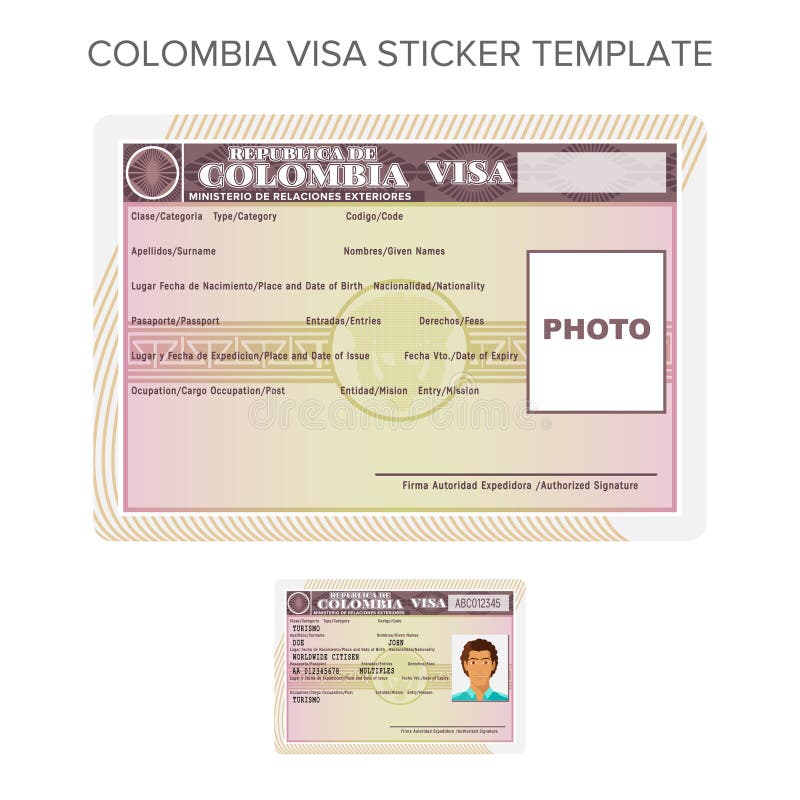 Vector il modello dell'autoadesivo di visto del passaporto della Colombia nello stile piano