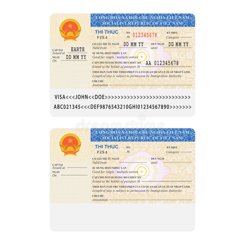 Vector il modello internazionale dell'autoadesivo di visto del passaporto del Vietnam nello stile piano
