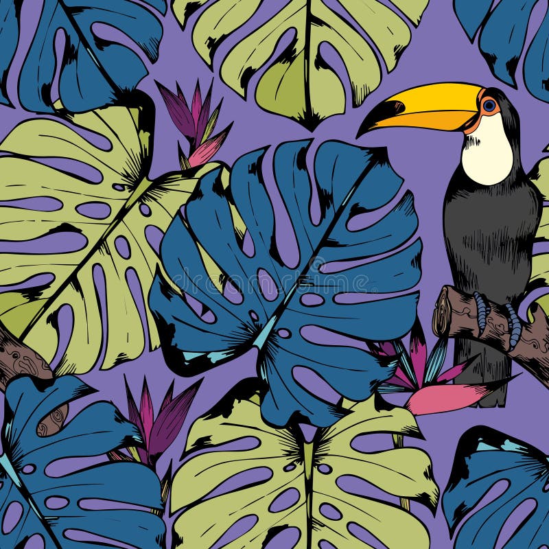 Vector il modello senza cuciture con i rami, le foglie e gli uccelli tropicali Illustrazione della mano illustrazione di stock Vector il modello senza cuciture con i rami, le foglie e gli uccelli tropicali Illustrazione della mano illustrazione di stock