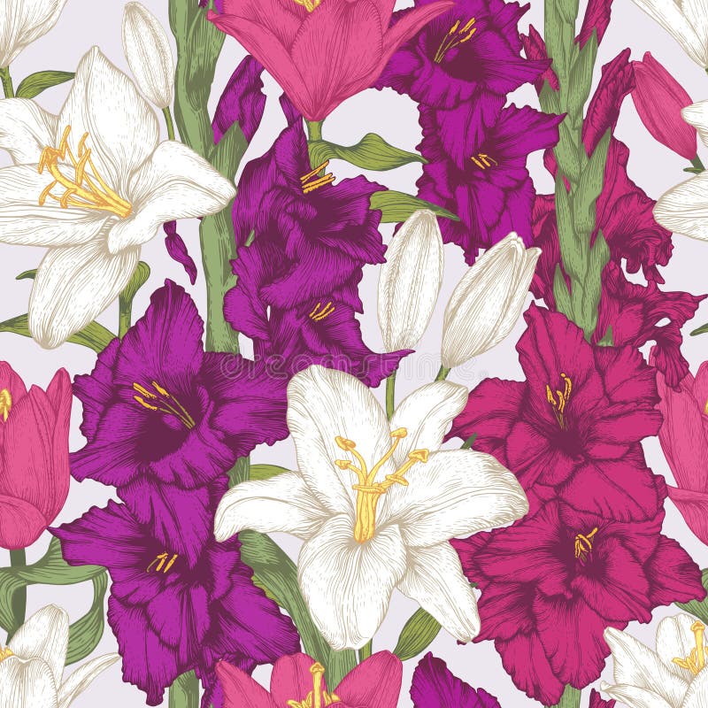 Vector il modello senza cuciture dei fiori con i fiori disegnati a mano di gladiolo ed i gigli bianchi royalty illustrazione gratis Vector il modello senza cuciture dei fiori con i fiori disegnati a mano di gladiolo ed i gigli bianchi royalty illustrazione gratis