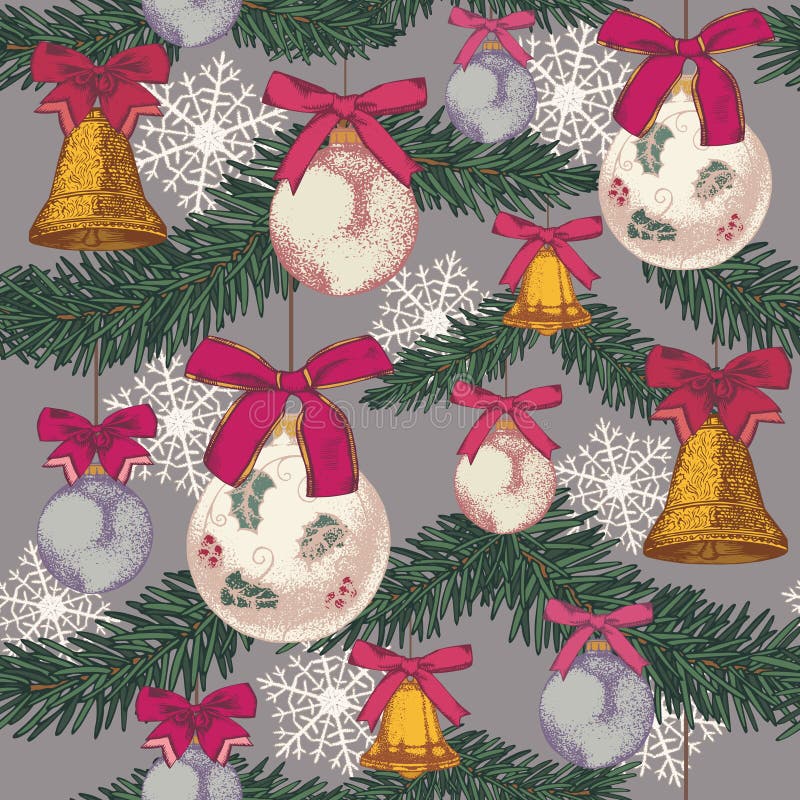 Vector il modello senza cuciture di Natale con l'albero di abete, le campane e le decorazioni disegnati a mano di Natale royalty illustrazione gratis Vector il modello senza cuciture di Natale con l'albero di abete, le campane e le decorazioni disegnati a mano di Natale royalty illustrazione gratis