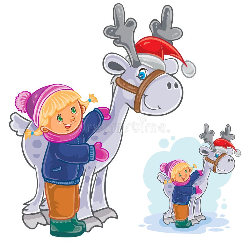 Vector il Natale dell'inverno, illustrazione del nuovo anno di bambina che abbraccia i cervi Santa Claus illustrazione di stock Vector il Natale dell'inverno, illustrazione del nuovo anno di bambina che abbraccia i cervi Santa Claus illustrazione di stock