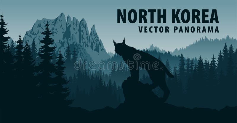 Vector il panorama della Corea del Nord con la montagna Chilbosan ed il lince in terreno boscoso illustrazione di stock