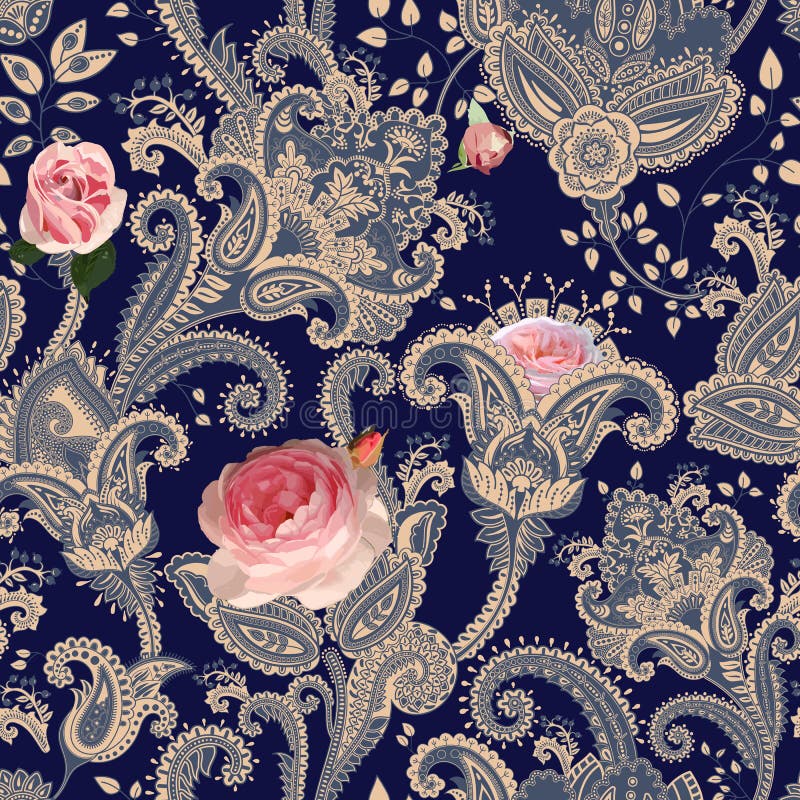 Vector il reticolo senza giunte Contesto floreale indiano paisley Stile di modo Progettazione per tessuto rose Stile della Proven