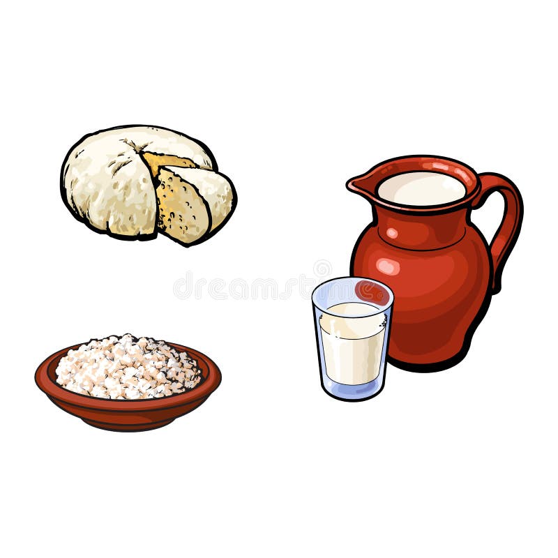 Vector il vetro di latte di schizzo, insieme della ricotta della brocca royalty illustrazione gratis Vector il vetro di latte di schizzo, insieme della ricotta della brocca royalty illustrazione gratis