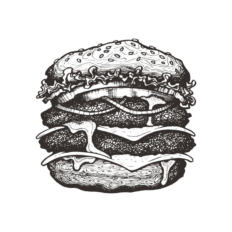 Vector illustratie Dubbele cheeseburger met kaas, tomaat, ui en sla Grote rundvleeshamburger met groenten stock illustratie Vector illustratie Dubbele cheeseburger met kaas, tomaat, ui en sla Grote rundvleeshamburger met groenten stock illustratie