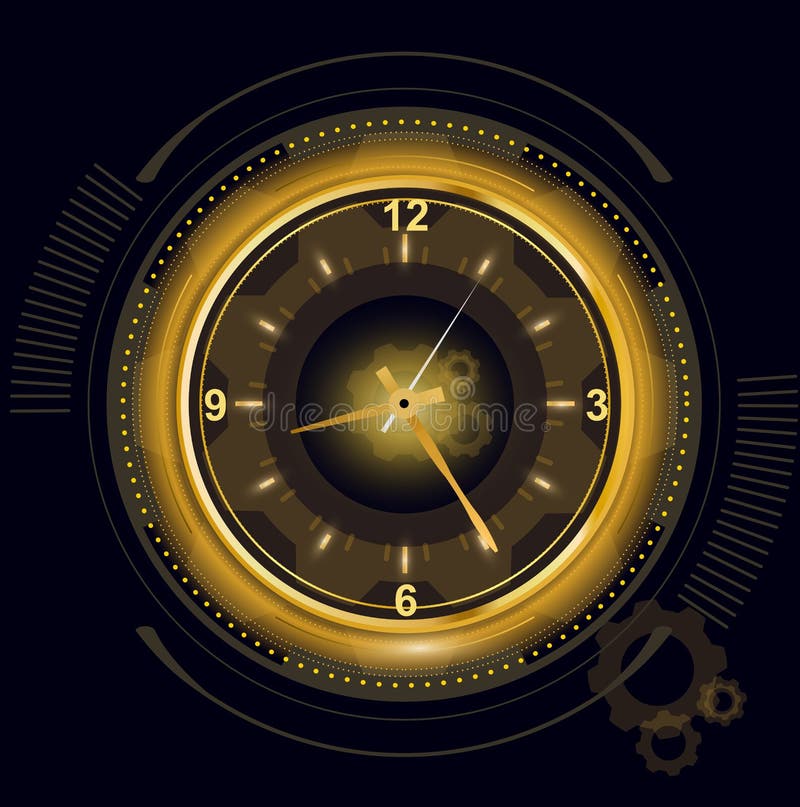 Vector illustration of abstract futuristic digital clock, technology background with golden light number timer, time royalty free illustration Vector illustration of abstract futuristic digital clock, technology background with golden light number timer, time royalty free illustration