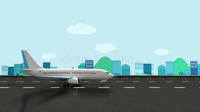 Vector illustration of an airplane take off on a runway with airport in the background